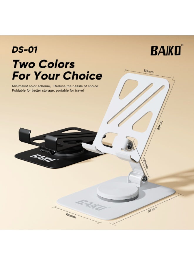 BAIKO DS01 All Alloy Adjustable Phone Stand with 360° Rotating Base, 180° Angle Adjustable Desktop Mobile Holder, Foldable Metal Bracket Stand for iPhone, Samsung, Tablets, Office & Home Use - Image 2