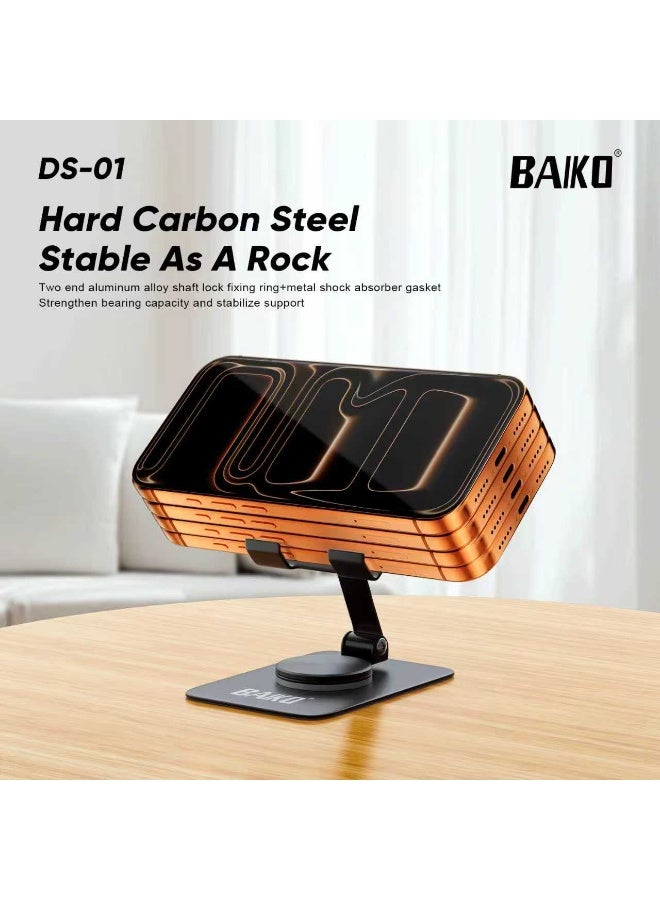 BAIKO DS01 All Alloy Adjustable Phone Stand with 360° Rotating Base, 180° Angle Adjustable Desktop Mobile Holder, Foldable Metal Bracket Stand for iPhone, Samsung, Tablets, Office & Home Use - Image 4