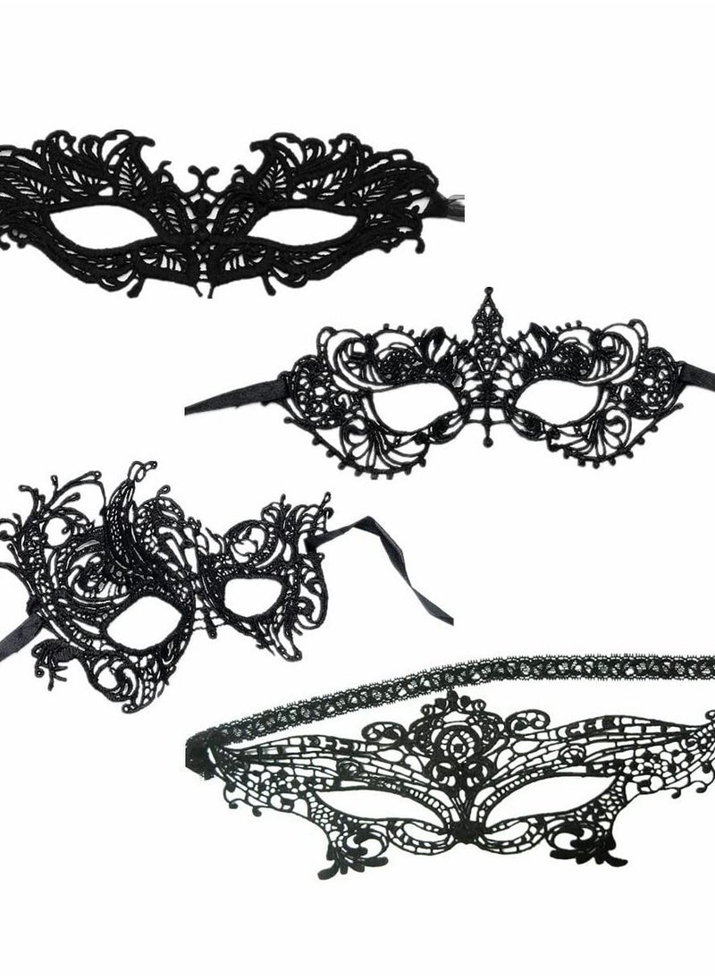 NIBEMINENT - 4 Pieces Women Lace Eye Mask, Masquerade Masks Mysterious Face Venetian Eyemask for Carnival Party Costume Ball, Black - Image 1