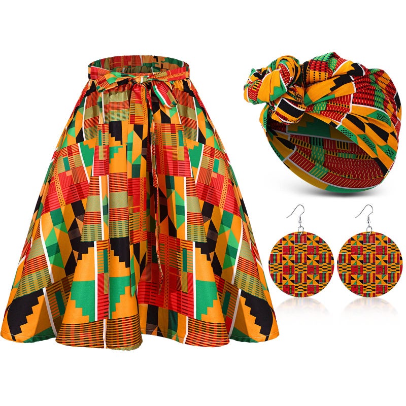 Coume 3 Pcs Women African Dashiki Skirt Traditional Costume African Bohemian Head Wrap Scarf Drop Dangle Earring (Medium) Multi - Image 1