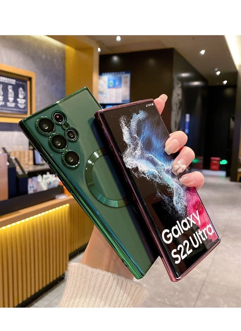 غطاء لهاتف سامسونج جالكسي S23 ألترا شفاف مغناطيسي مع واقي عدسة الكاميرا حماية كاملة مغناطيسية سيليكون مطلي بالكهرباء نحيف مقاوم للصدمات غطاء واقي - أخضر - Image 5