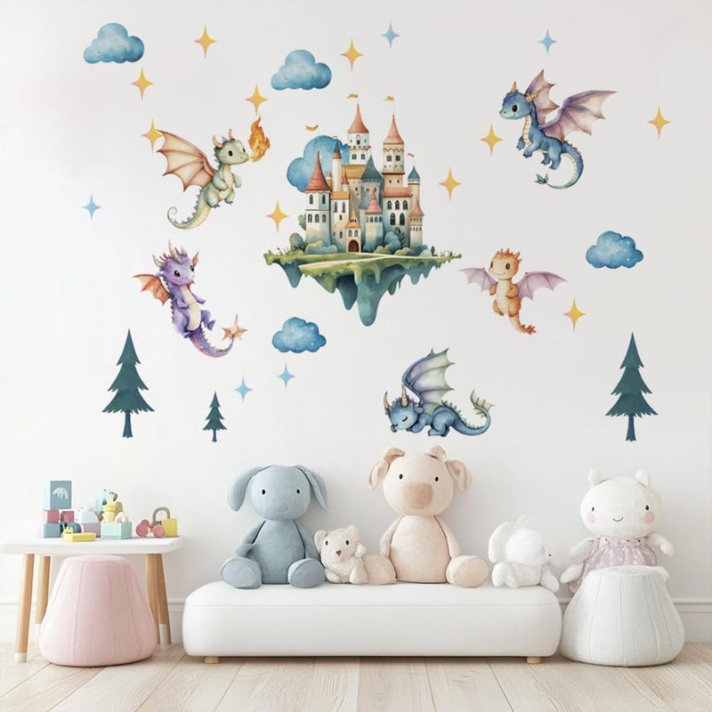 SUPERDANT Flying Dragon Wall Stickers Cartoon Castle Wall Decor Nursery Stickers Dragon DIY Vinyl Murals Peel and Stick Wallpaper Art Decals for Kids Room Playroom Livingroom Baby Room Decor - Image 1