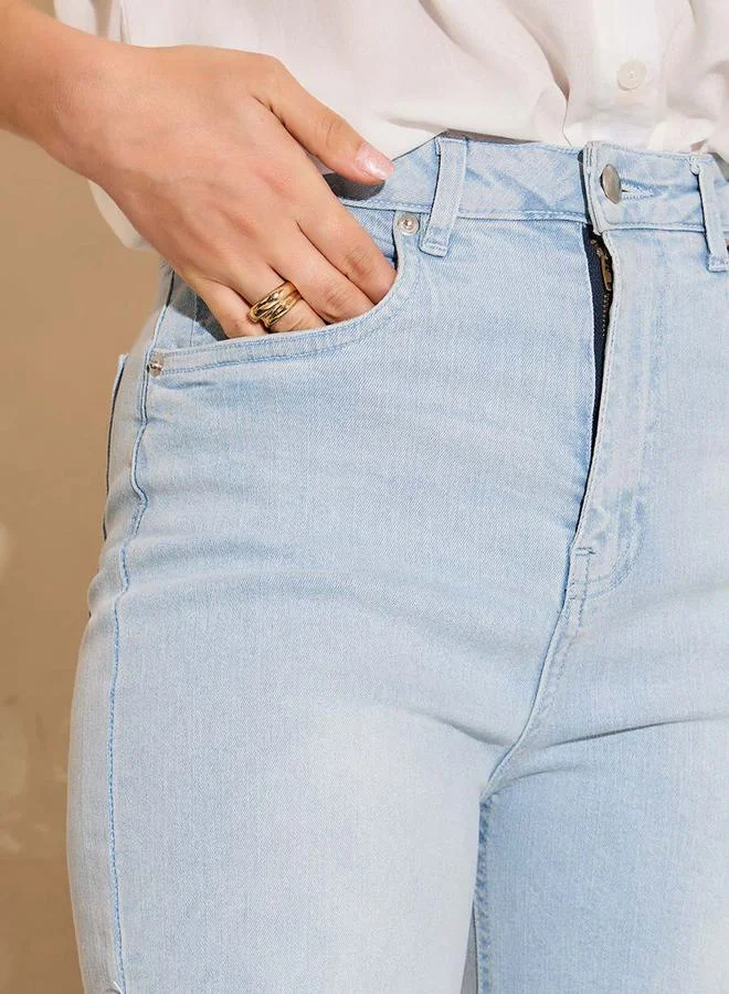 Styli High Rise Wide Leg Jeans with Frayed Edge