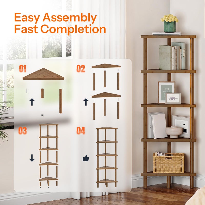 HOOBRO Corner Shelf Stand, 5-Tier Bamboo Corner Bookshelf, Plant Display Shelf, Corner Bookcase, Multipurpose Shelving Unit for Small Space, Living Room, Easy Assembly, Mocha MA20CJ01 - Image 4