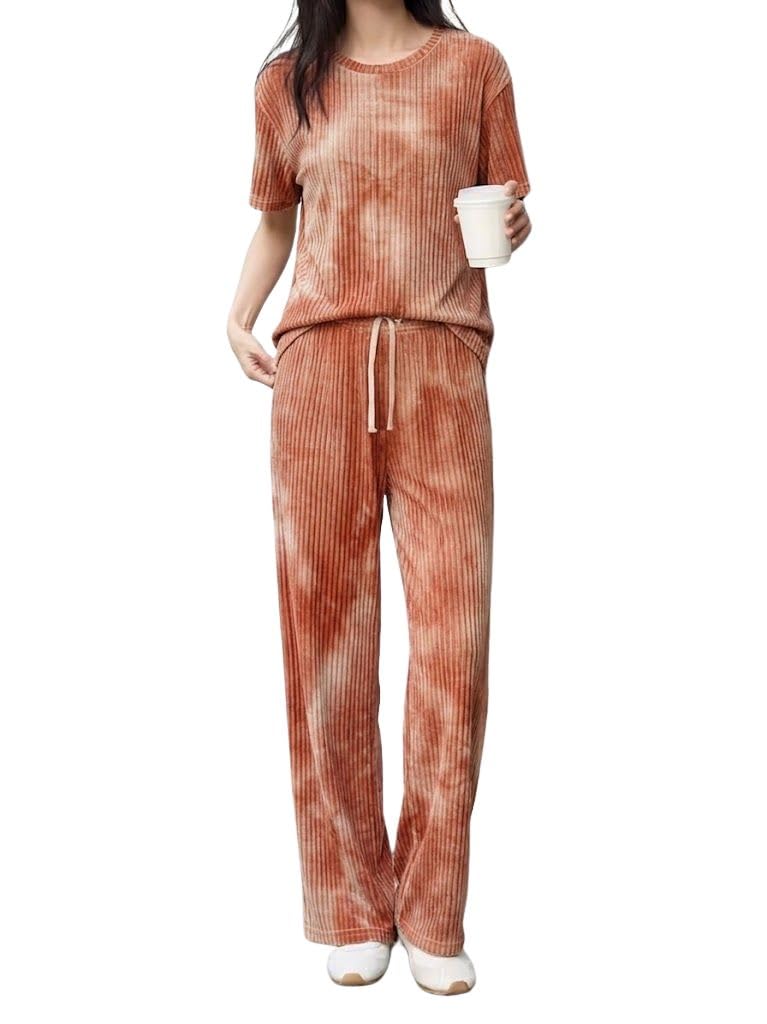 SMOWKLY Women’s Tie-Dye Pajama Set | Relaxed Fit Short Sleeve Top & Long Pants Sleepwear | Soft & Comfy Lounge Wear Set with Pockets winter wear for women | Trendy Korean Co-ord Set (1682_ORNG_2XL) - Image 1