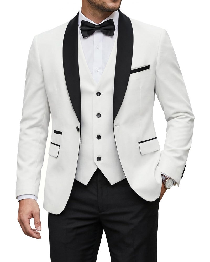 YND Men's 3 Piece Tuxedo Set with Bow Tie, Slim Fit One Button Shawl Lapel Suit Blazer Vest Pants, for Wedding Prom Dinners, Black Collar White - Image 1