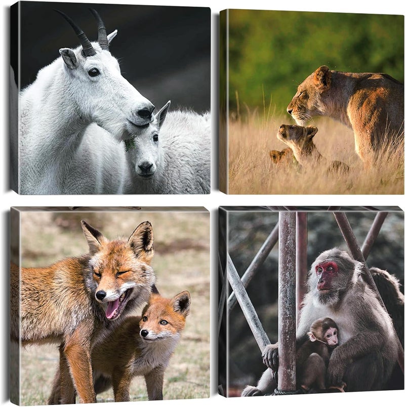 Artscope 4 Pieces Wall Art Canvas Prints - African Savanna Animals Picture Painting - Modern Wall Artwork Framed for Gifts Bathroom Home Kitchen Office Decor - 30 x 30 CM - Image 1