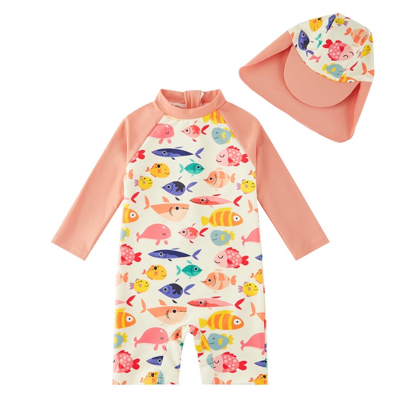 upandfast Baby/Toddler Swimsuit UPF 50+ Sun Protection One Piece Zipper Bathing Suit with Sun Hat Infant Beach Swimwear (Orange Fish,3-6 Months) - Image 1