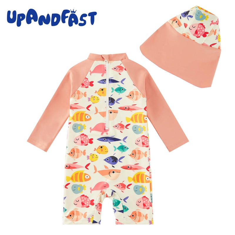 upandfast Baby/Toddler Swimsuit UPF 50+ Sun Protection One Piece Zipper Bathing Suit with Sun Hat Infant Beach Swimwear (Orange Fish,3-6 Months) - Image 3