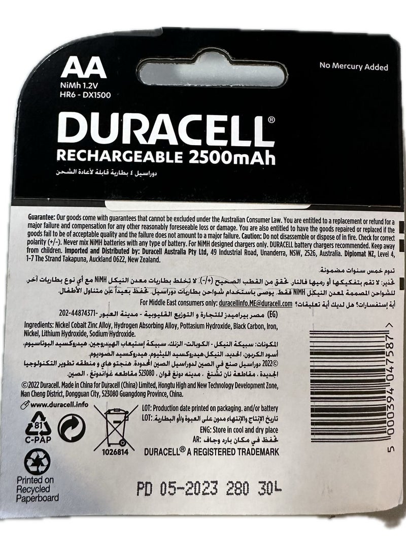Duracell - Duracell Rechargeable Type AA Battery 2500mah, Pack of 4 - Image 1