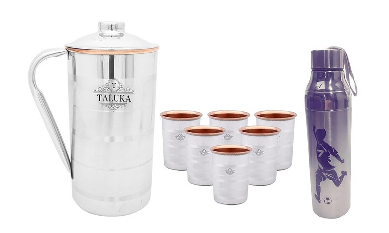 Taluka Stainless Steel Copper Jug 2000 ML for Drinking Water with 5 Steel Copper Glass 350 ML and 1 Steel Bottle Water Storage - Image 1