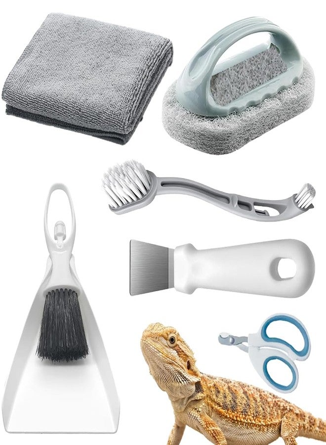 Delllala 6-Piece Bearded Dragon Tank Cleaning Set, Reptile Enclosure Cleaning Tool Set with Bearded Dragon Nail Clippers&Cleaning Cloth, Brush, Scraper & Mini Dustpan for Lizard & Gecko Terrarium Maintenance - Image 1
