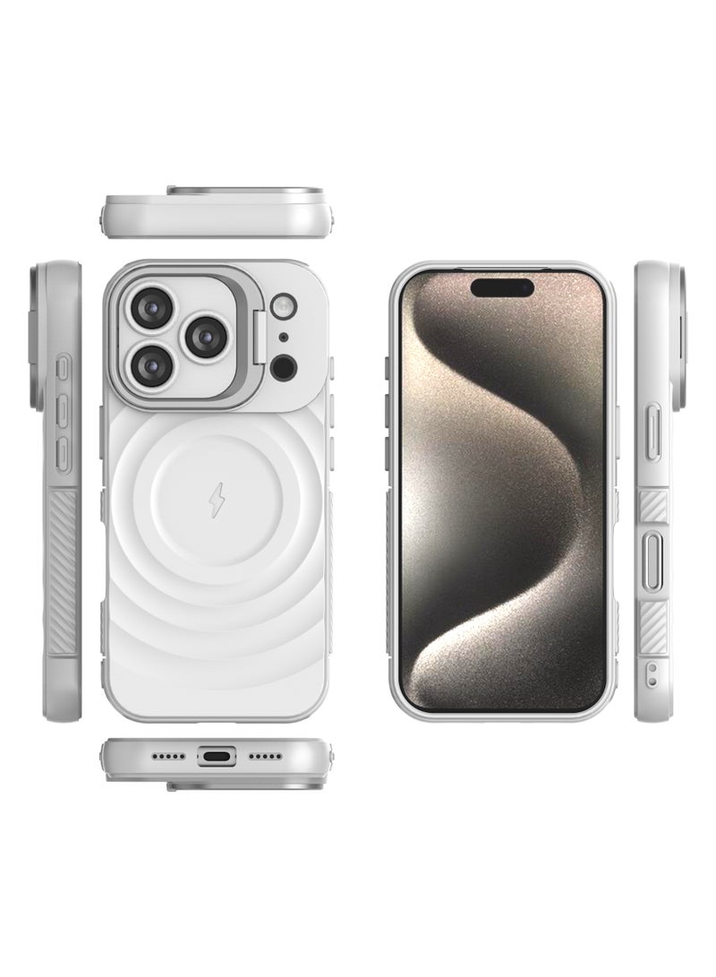 غطاء حمايه لهاتف ايفون 17 برو جراب ارمور مغناطيسي ياتي بحواف مرتفعة حول الشاشة وعدسة الكاميرا تساعد على منع الخدوش معا استاند للكاميرا - ابيض - Image 2