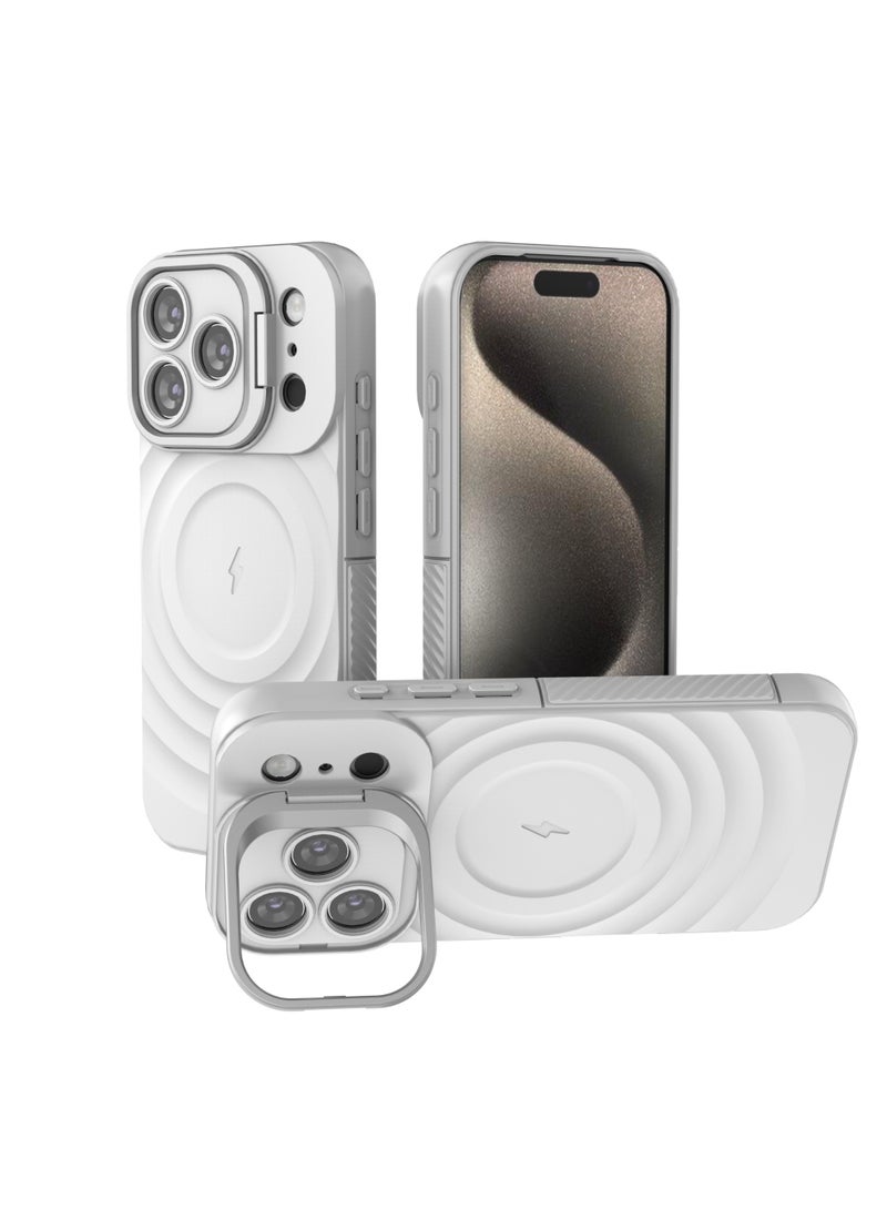 غطاء حمايه لهاتف ايفون 17 برو جراب ارمور مغناطيسي ياتي بحواف مرتفعة حول الشاشة وعدسة الكاميرا تساعد على منع الخدوش معا استاند للكاميرا - ابيض - Image 1