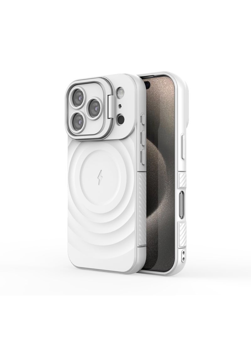 غطاء حمايه لهاتف ايفون 17 برو جراب ارمور مغناطيسي ياتي بحواف مرتفعة حول الشاشة وعدسة الكاميرا تساعد على منع الخدوش معا استاند للكاميرا - ابيض - Image 3