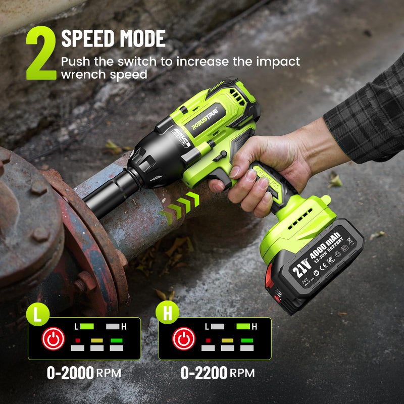 Robustrue Cordless Impact Wrench, 885Ft-lbs (1200N.m) 1/2" Brushless Impact Gun, 21V High Torque Power Impact Driver, 2x4.0Ah Batteries Electric Impact Motor Variable Speeds for Car/Truck RV/Mower - Image 5