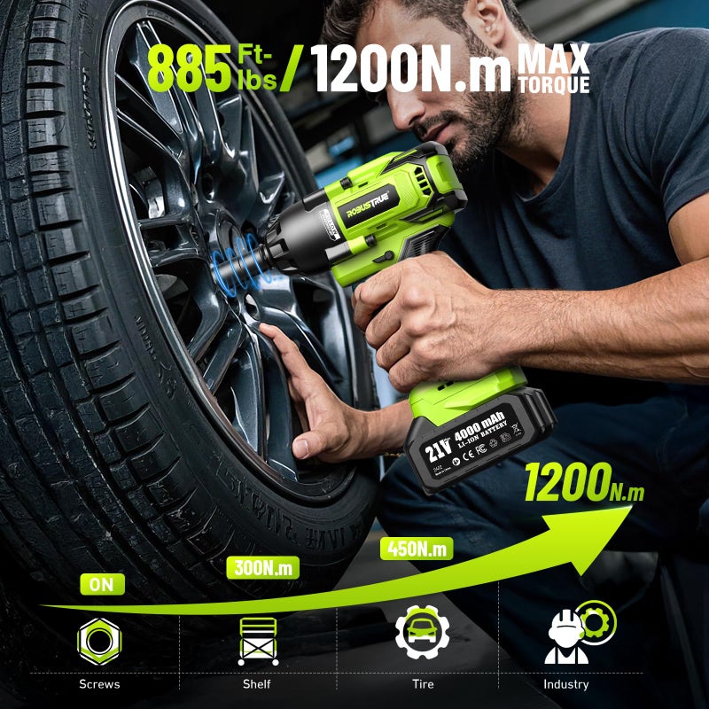 Robustrue Cordless Impact Wrench, 885Ft-lbs (1200N.m) 1/2" Brushless Impact Gun, 21V High Torque Power Impact Driver, 2x4.0Ah Batteries Electric Impact Motor Variable Speeds for Car/Truck RV/Mower - Image 3