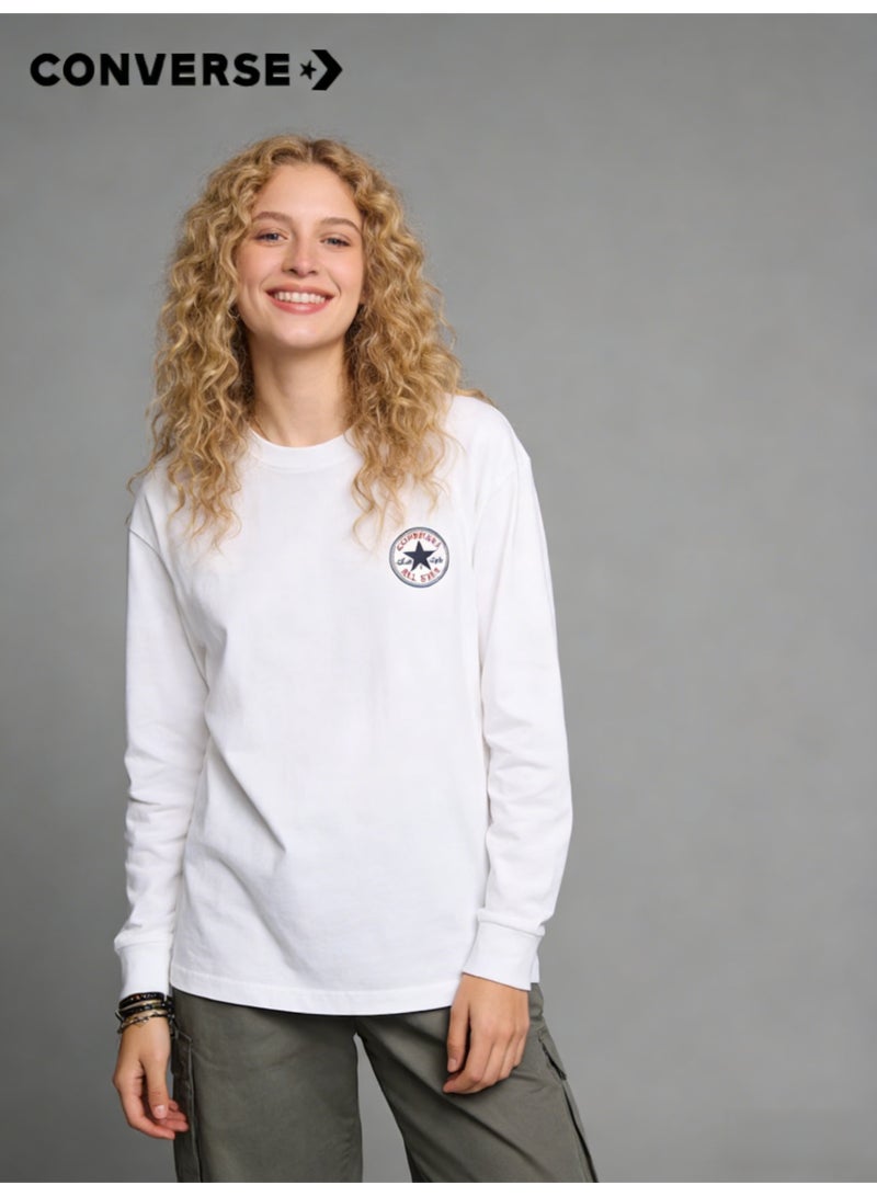 كونفرس CONVERSE عارضة فضفاضة القمصان طويلة الأكمام المستديرة - الرجال والنساء ، القطن النقي مع شعار القمصان الرياضية ، ملابس الشارع الصينية العصرية - Image 2