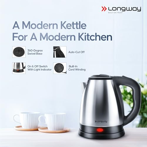 Longway Kestro 1.5 Ltr Electric Kettle with Stainless Steel Body for Boiling, Making Tea, Coffee, Soup, Etc (Silver, 1500 Watt) - Image 3