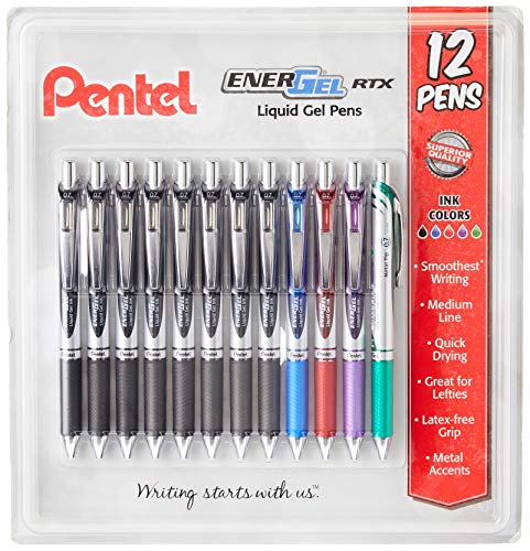 Pentel EnerGel RTX Retractable Liquid Gel Pen 07mm BlackBlueRedGreenViolet Ink 12 Pack BL77O12C - Image 1