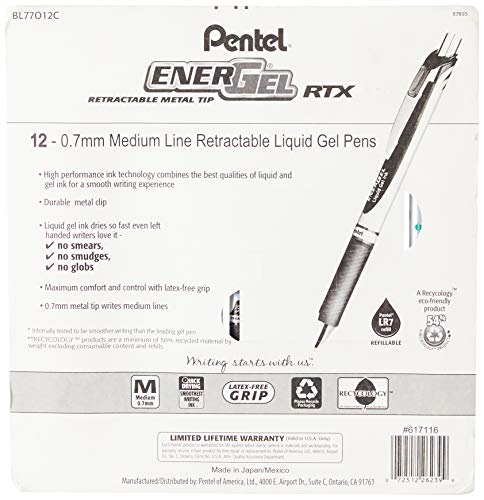 Pentel EnerGel RTX Retractable Liquid Gel Pen 07mm BlackBlueRedGreenViolet Ink 12 Pack BL77O12C - Image 3