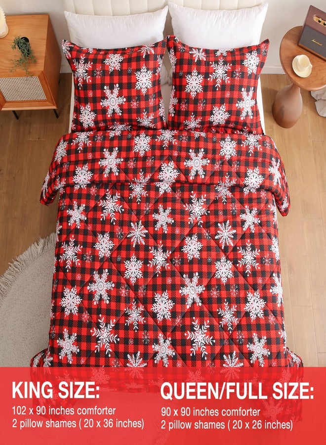 JSD Red Buffalo Plaid Snowflakes Christmas Comforter Set Queen Size, 3 Piece Holiday Winter Printed Microfiber Comforter with Pillow Shams - Image 2