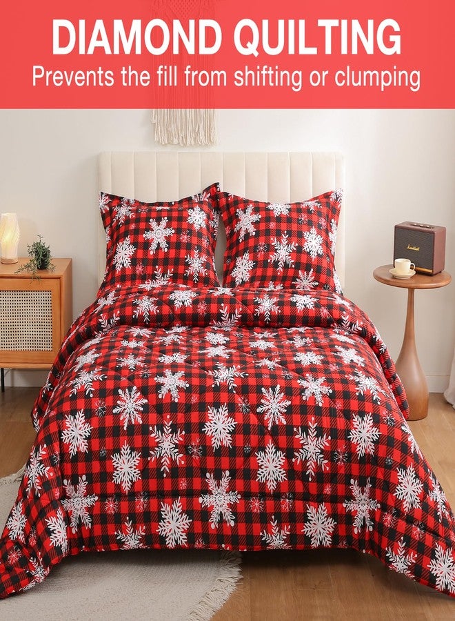 JSD Red Buffalo Plaid Snowflakes Christmas Comforter Set Queen Size, 3 Piece Holiday Winter Printed Microfiber Comforter with Pillow Shams - Image 3