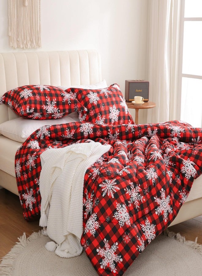 JSD Red Buffalo Plaid Snowflakes Christmas Comforter Set Queen Size, 3 Piece Holiday Winter Printed Microfiber Comforter with Pillow Shams - Image 1