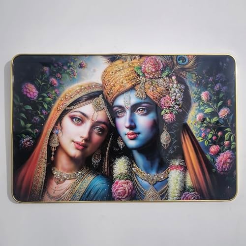 Masstone Radha Krishna Crystal Embedded High Gloss Wall Painting, Golden Slim Frame, 45x30 Cm Wall Art for Living Room, Bedroom, Office & Home Décor (CRG54) - Image 1