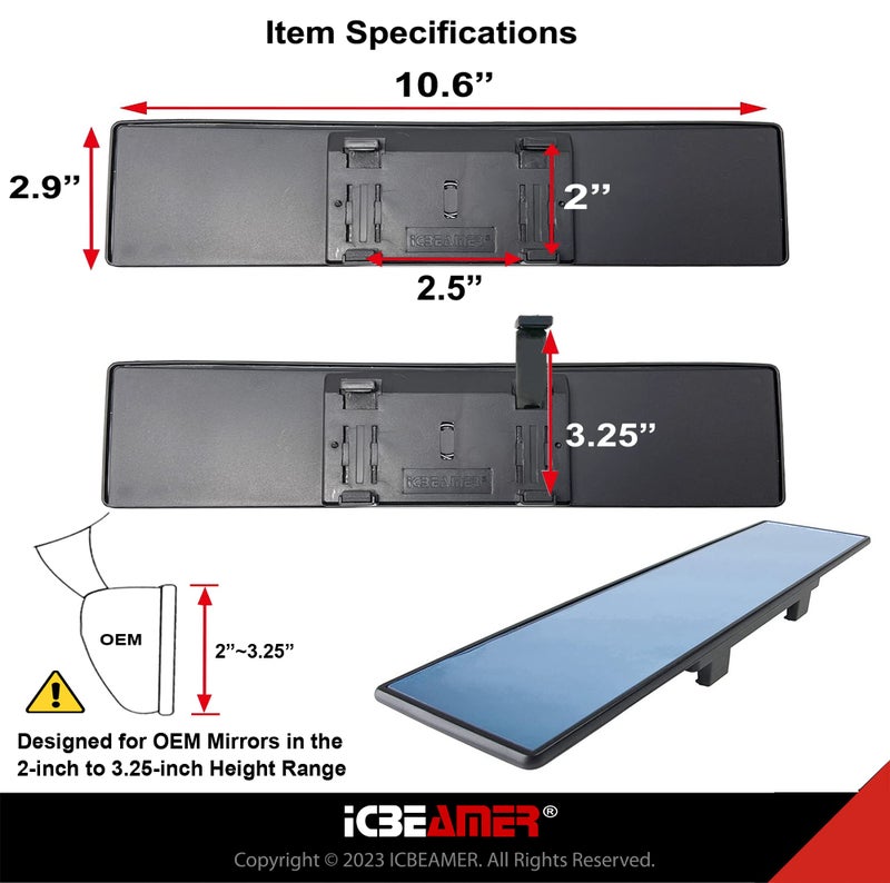 ICBEAMER 10.6" Car Rear View Mirror, HD Blue Tint, Panoramic Wide Angle Flat Surface, 2 Interior Retractable Rubber Clips, Anti Glare, Automotive Accessories Universal for Truck, Car, SUV, 1 Pack - Image 5