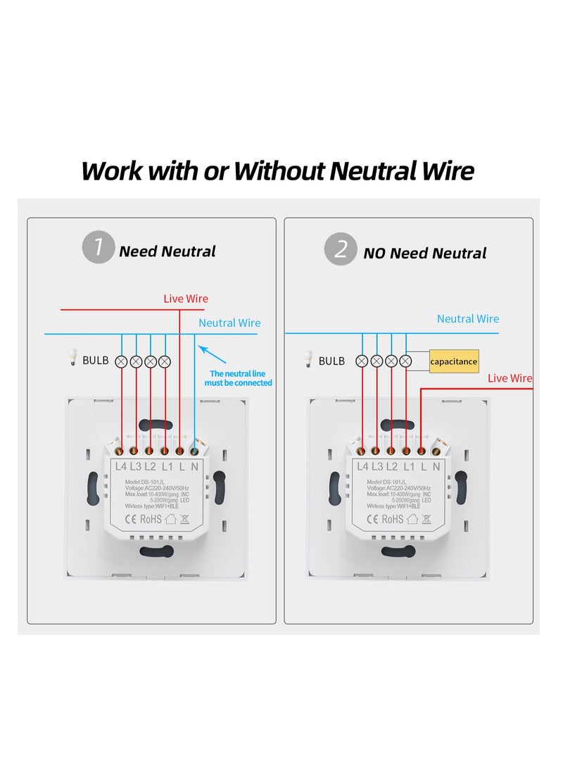 WiFi Smart Light Switch Touch No Neutral Wire Required Work with Alexa and Google Home Tuya APP