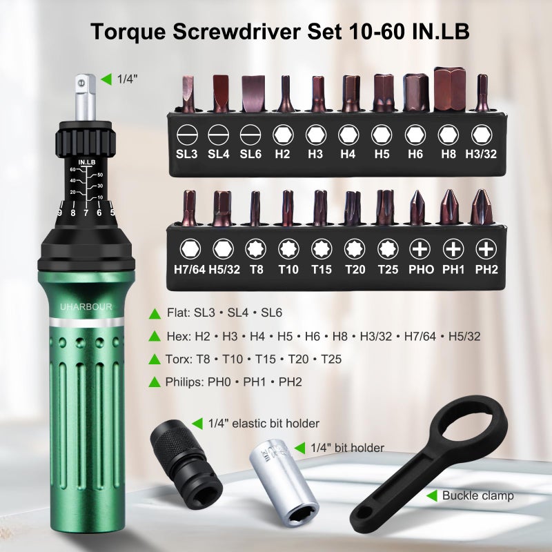 Uharbour Torque Screwdriver 10-60 in.lb, Torque Screwdriver Set with 1/4" Elastic Bit Holder, 1/4" Bit Adapter, Flat, Hex, Torx and Philips Bits, Suitable for Gunsmithing, DIY, Bicycle Maintenance - Image 2