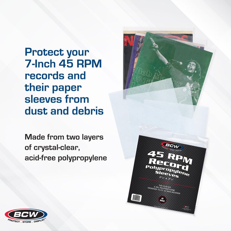 BCW 45 RPM Record Sleeves - 100 Count | Fits Standard 7 Inch Single 45s | Snug-Fit 2 Mil Polypropylene Outer Sleeves | Archival Plastic Covers for Vinyl Record Storage and Protection - Image 2
