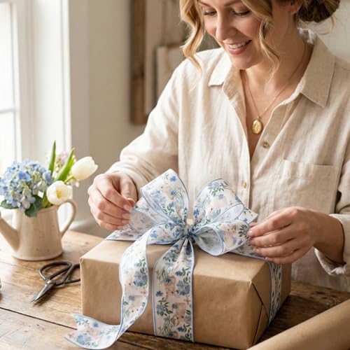 Blinket 2 Rolls Easter Ribbon Blue White Plaid & Bunny Blue Floral Ribbon for Spring Holiday Decor, Easter Edge Wired Decor Ribbons Burlap Fabric Ribbons for Gift Wrapping DIY Craft Each 2.5 In X 5 Yd - Image 4