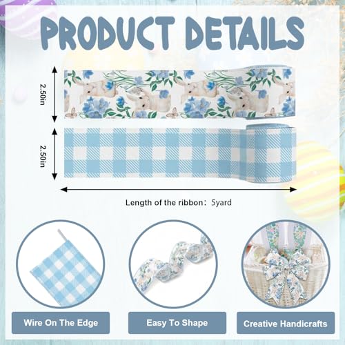 Blinket 2 Rolls Easter Ribbon Blue White Plaid & Bunny Blue Floral Ribbon for Spring Holiday Decor, Easter Edge Wired Decor Ribbons Burlap Fabric Ribbons for Gift Wrapping DIY Craft Each 2.5 In X 5 Yd - Image 2