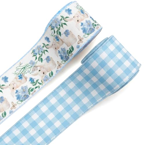 Blinket 2 Rolls Easter Ribbon Blue White Plaid & Bunny Blue Floral Ribbon for Spring Holiday Decor, Easter Edge Wired Decor Ribbons Burlap Fabric Ribbons for Gift Wrapping DIY Craft Each 2.5 In X 5 Yd - Image 1