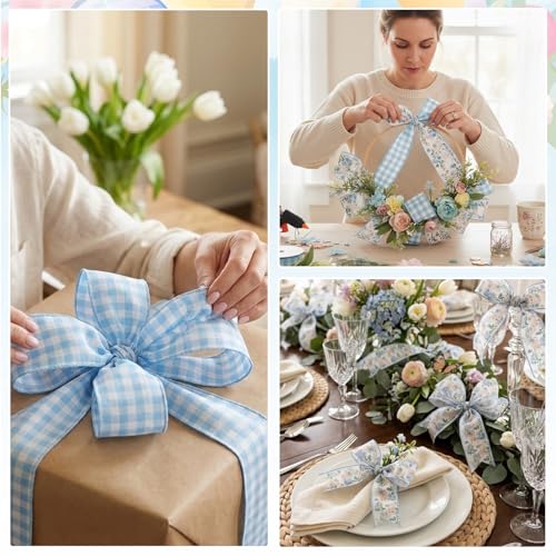 Blinket 2 Rolls Easter Ribbon Blue White Plaid & Bunny Blue Floral Ribbon for Spring Holiday Decor, Easter Edge Wired Decor Ribbons Burlap Fabric Ribbons for Gift Wrapping DIY Craft Each 2.5 In X 5 Yd - Image 3