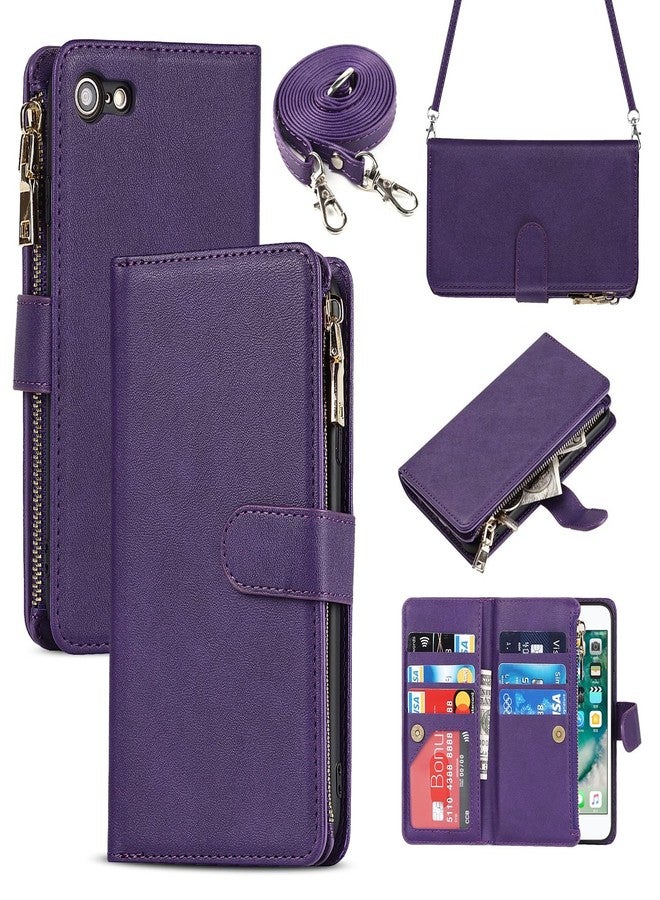 iCoverCase Compatible with iPhone SE(2022)/SE(2020)/7/8 Wallet Case with Card Holder and Crossbody Strap, PU Leather Kickstand Card Slots Flip Cover Case 4.7 Inch (Purple) - Image 1