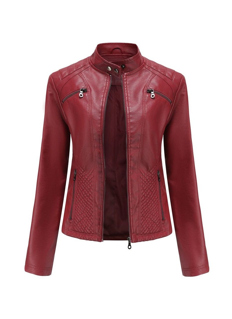 2023 New Women's Casual Leather Stand Neck Jacket Wine Red - pzsku/Z95B32001512DC352A4A6Z/45/_/1691907218/8c7cfc4d-f261-4d0e-822b-860e32d15fa1