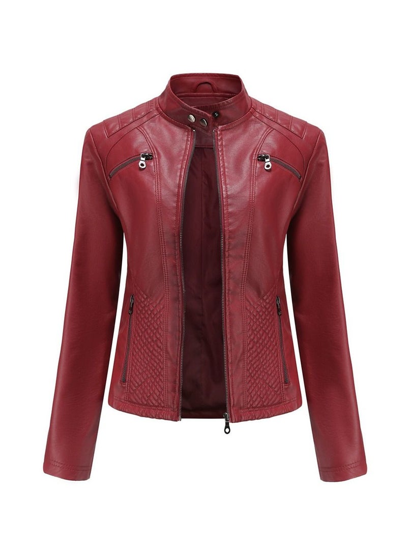 Loquat 2023 New Women's Casual Leather Stand Neck Jacket Wine Red  - Image 1