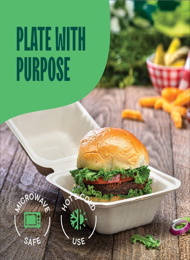Stack Man 100% Compostable Clamshell Take Out Food Containers [6x6" 50-Pack] Heavy-Duty Quality to go Containers, Natural Disposable Bagasse, Eco-Friendly Biodegradable Made of Sugar Cane Fibers - Image 3