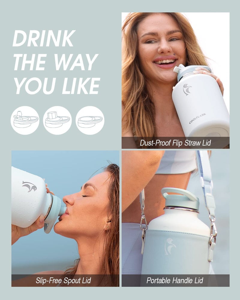 Coolflask 64 oz Water Bottle Insulated with PU Leather Sleeve, Half Gallon Water Bottle Color Contrast with Straw Lids, Stainless Steel Metal Large Water Jug, Keep Cold 48h Hot 24h,Glacier White - Image 4