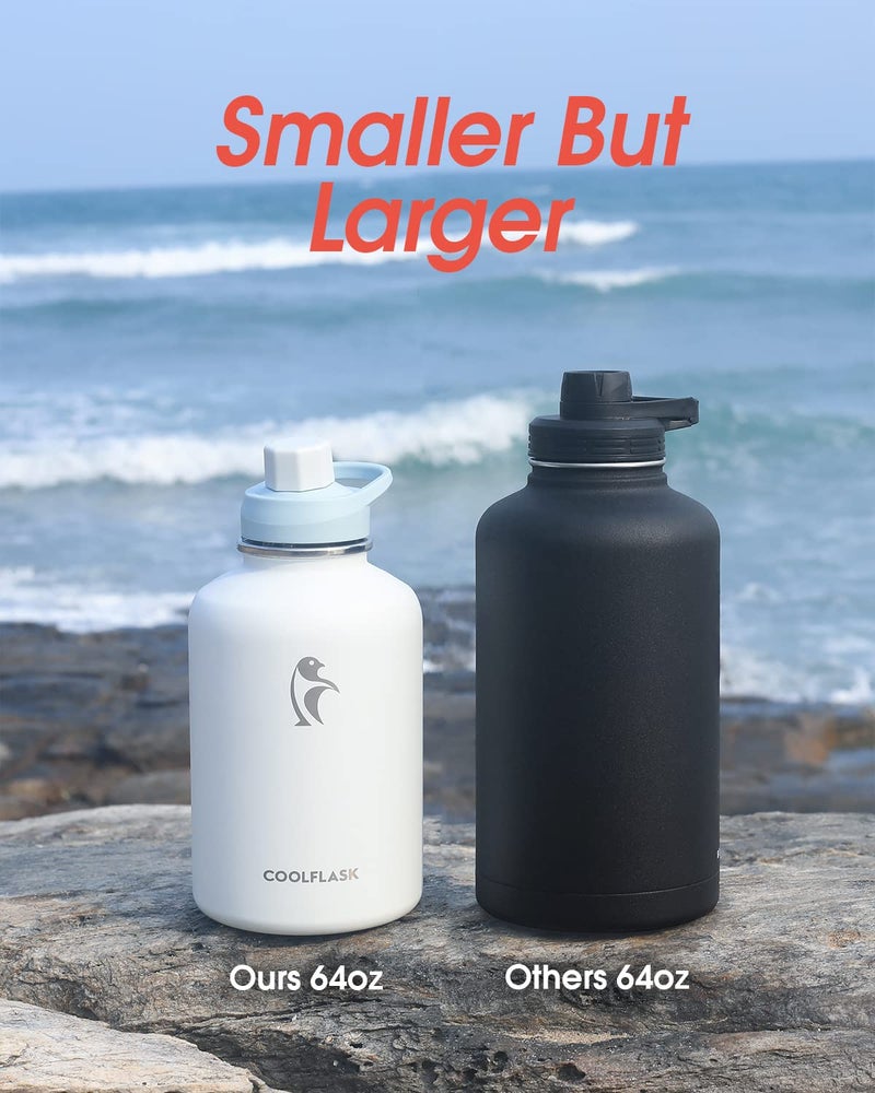 Coolflask 64 oz Water Bottle Insulated with PU Leather Sleeve, Half Gallon Water Bottle Color Contrast with Straw Lids, Stainless Steel Metal Large Water Jug, Keep Cold 48h Hot 24h,Glacier White - Image 2
