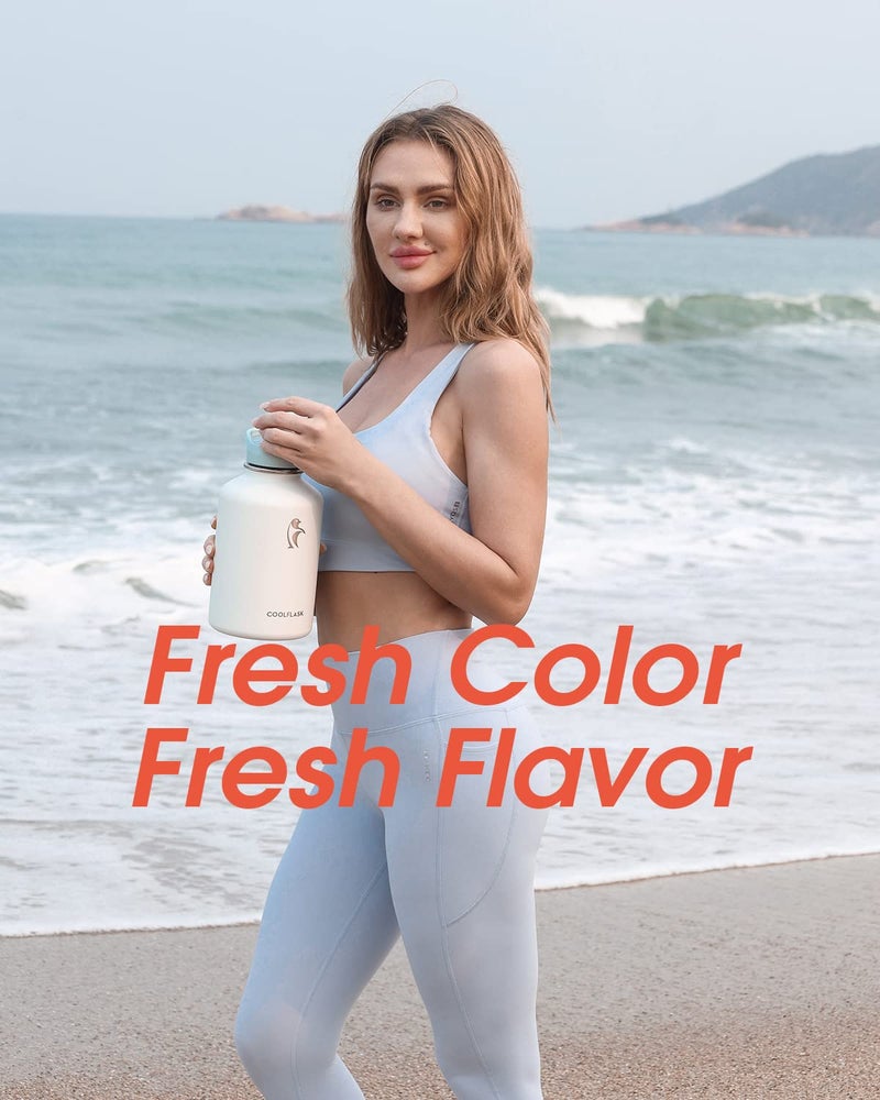 Coolflask 64 oz Water Bottle Insulated with PU Leather Sleeve, Half Gallon Water Bottle Color Contrast with Straw Lids, Stainless Steel Metal Large Water Jug, Keep Cold 48h Hot 24h,Glacier White - Image 5