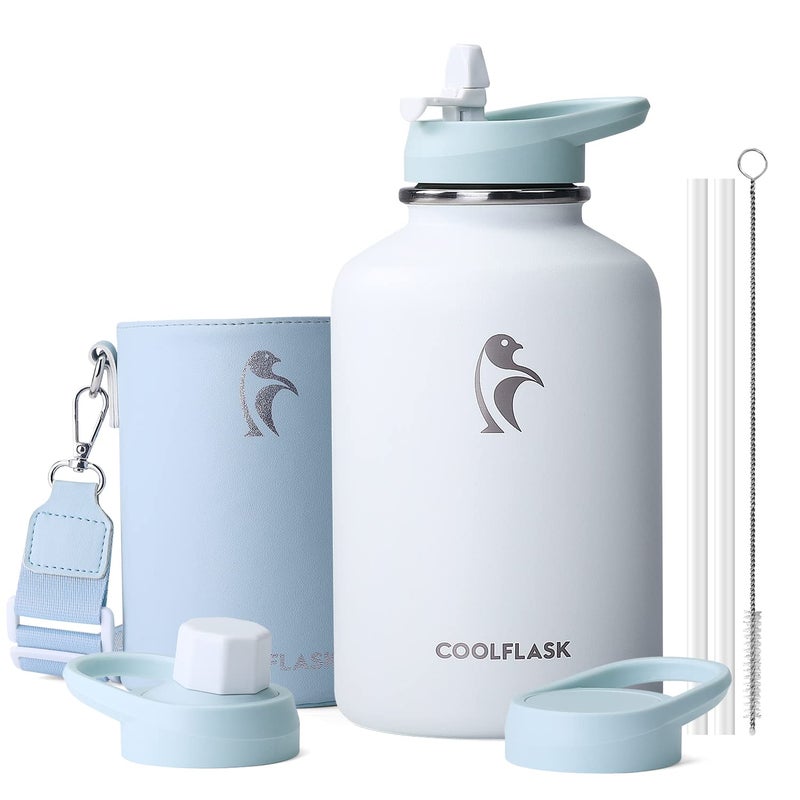 Coolflask 64 oz Water Bottle Insulated with PU Leather Sleeve, Half Gallon Water Bottle Color Contrast with Straw Lids, Stainless Steel Metal Large Water Jug, Keep Cold 48h Hot 24h,Glacier White - Image 1