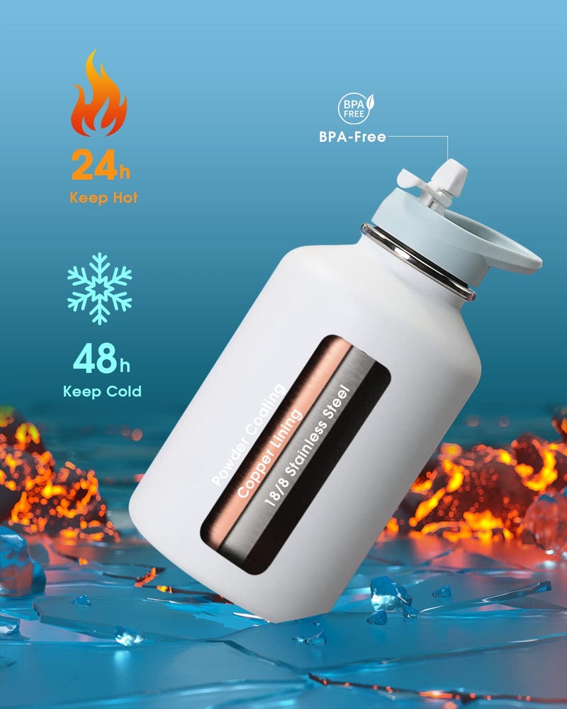 Coolflask 64 oz Water Bottle Insulated with PU Leather Sleeve, Half Gallon Water Bottle Color Contrast with Straw Lids, Stainless Steel Metal Large Water Jug, Keep Cold 48h Hot 24h,Glacier White - Image 3