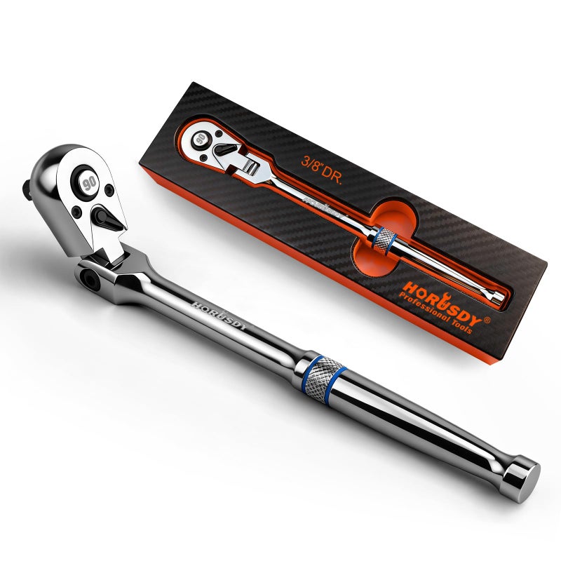 HORUSDY 3/8" Drive 90-Tooth Flex Head Ratchet Handle, 180Â° Adjustable CR-V Ratchet with Quick Release & Reversible Switch, 4Â° Swing Arc Socket Wrench for Automotive, Bike & DIY Repair - Image 1
