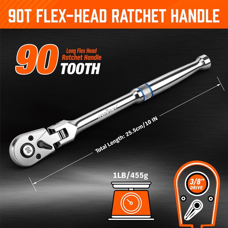 HORUSDY 3/8" Drive 90-Tooth Flex Head Ratchet Handle, 180Â° Adjustable CR-V Ratchet with Quick Release & Reversible Switch, 4Â° Swing Arc Socket Wrench for Automotive, Bike & DIY Repair - Image 3