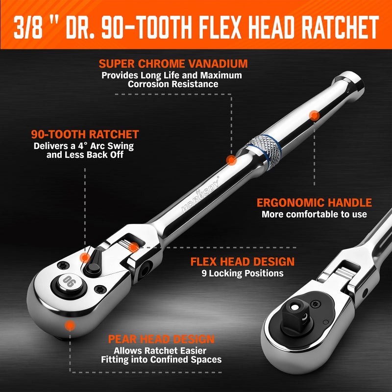 HORUSDY 3/8" Drive 90-Tooth Flex Head Ratchet Handle, 180Â° Adjustable CR-V Ratchet with Quick Release & Reversible Switch, 4Â° Swing Arc Socket Wrench for Automotive, Bike & DIY Repair - Image 5