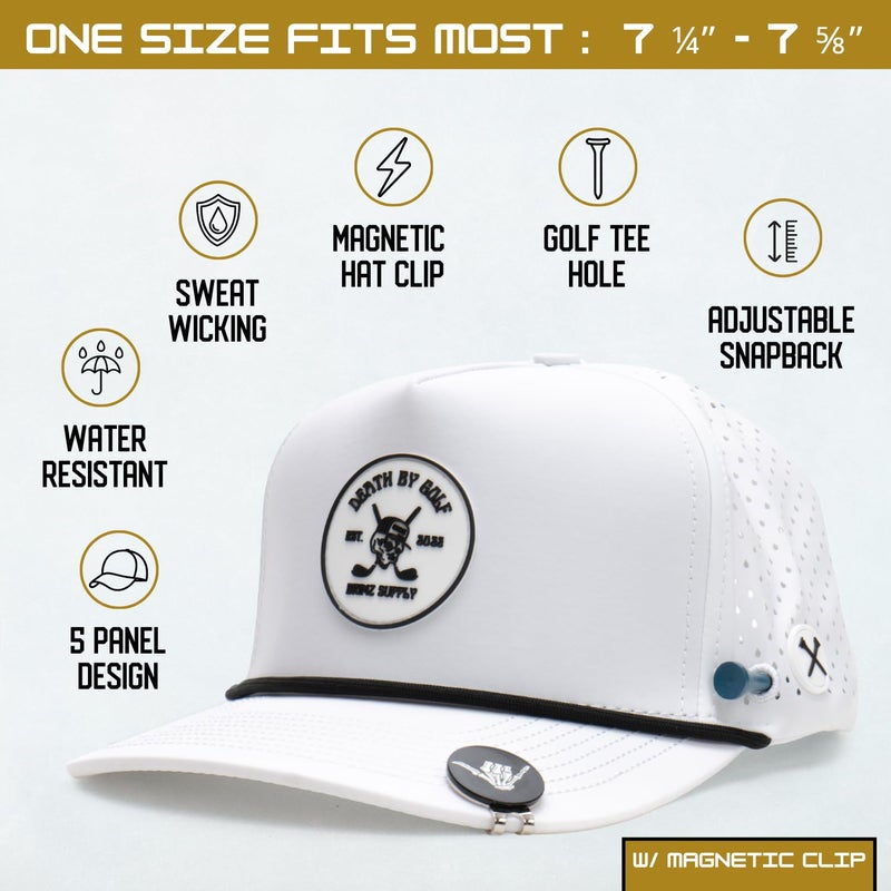 BRIMZ Golf Performance Hat - Breathable Sweat & Water Resistant Golfing Snapback Cap with Tee Holder & Magnetic Ball Marker (White) - Image 2
